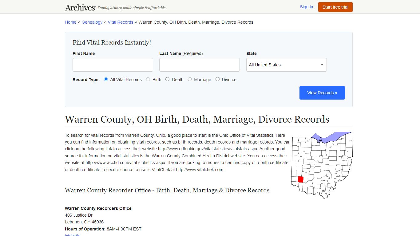 Warren County, OH Birth, Death, Marriage, Divorce Records